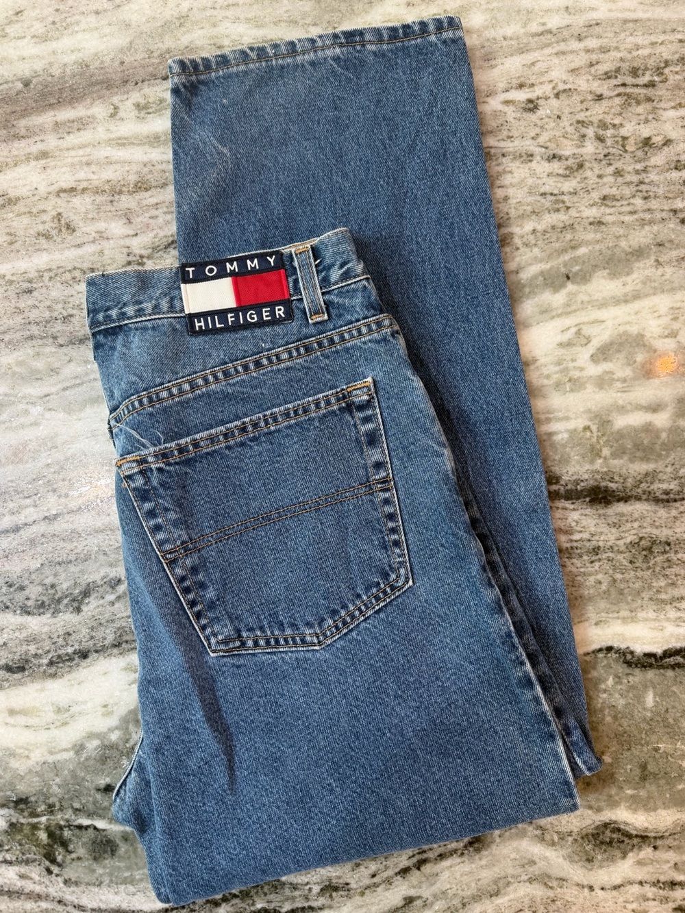 Vintage Tommy Hilfiger Straight Fit Medium Blue Jeans with Logo Patch
36x30